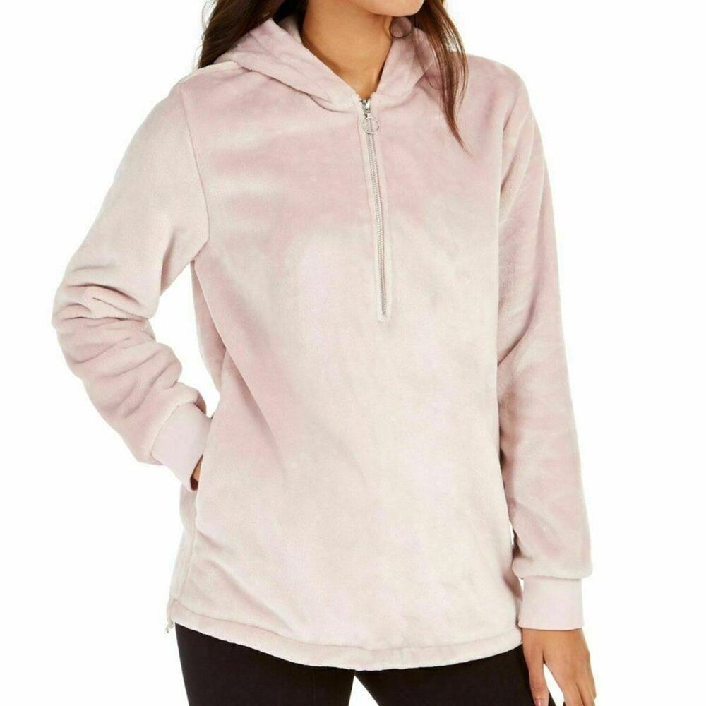 Ideology Womens Pink Faux-Fur Quarter-Zip Hoodie, Shimmer Size M